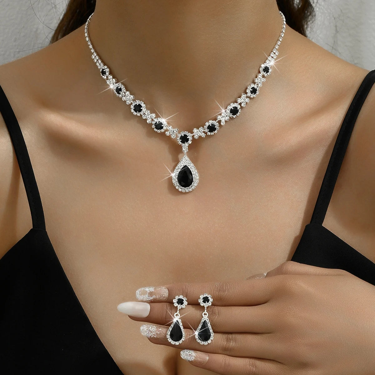 3PC Women's Trendy Copper Claw Chain Series Water Drop Gem Necklace Earrings Jewelry Set Wedding Banquet Party Holiday Gift