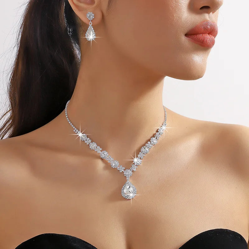3PC Women's Trendy Copper Claw Chain Series Water Drop Gem Necklace Earrings Jewelry Set Wedding Banquet Party Holiday Gift