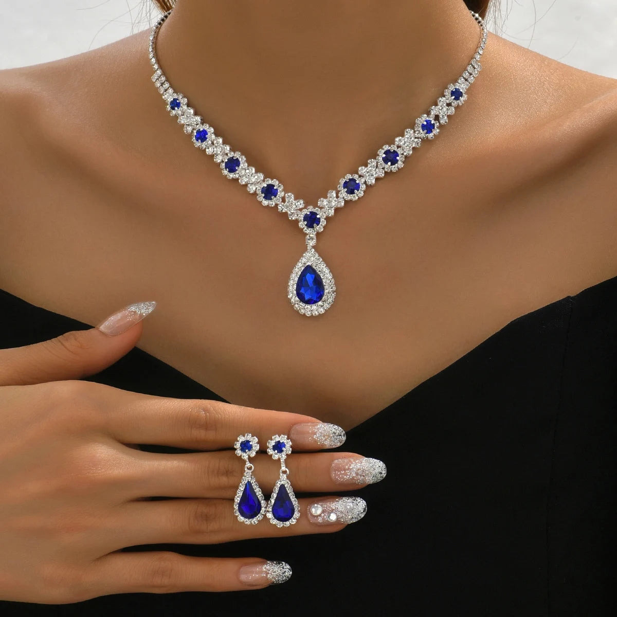 3PC Women's Trendy Copper Claw Chain Series Water Drop Gem Necklace Earrings Jewelry Set Wedding Banquet Party Holiday Gift